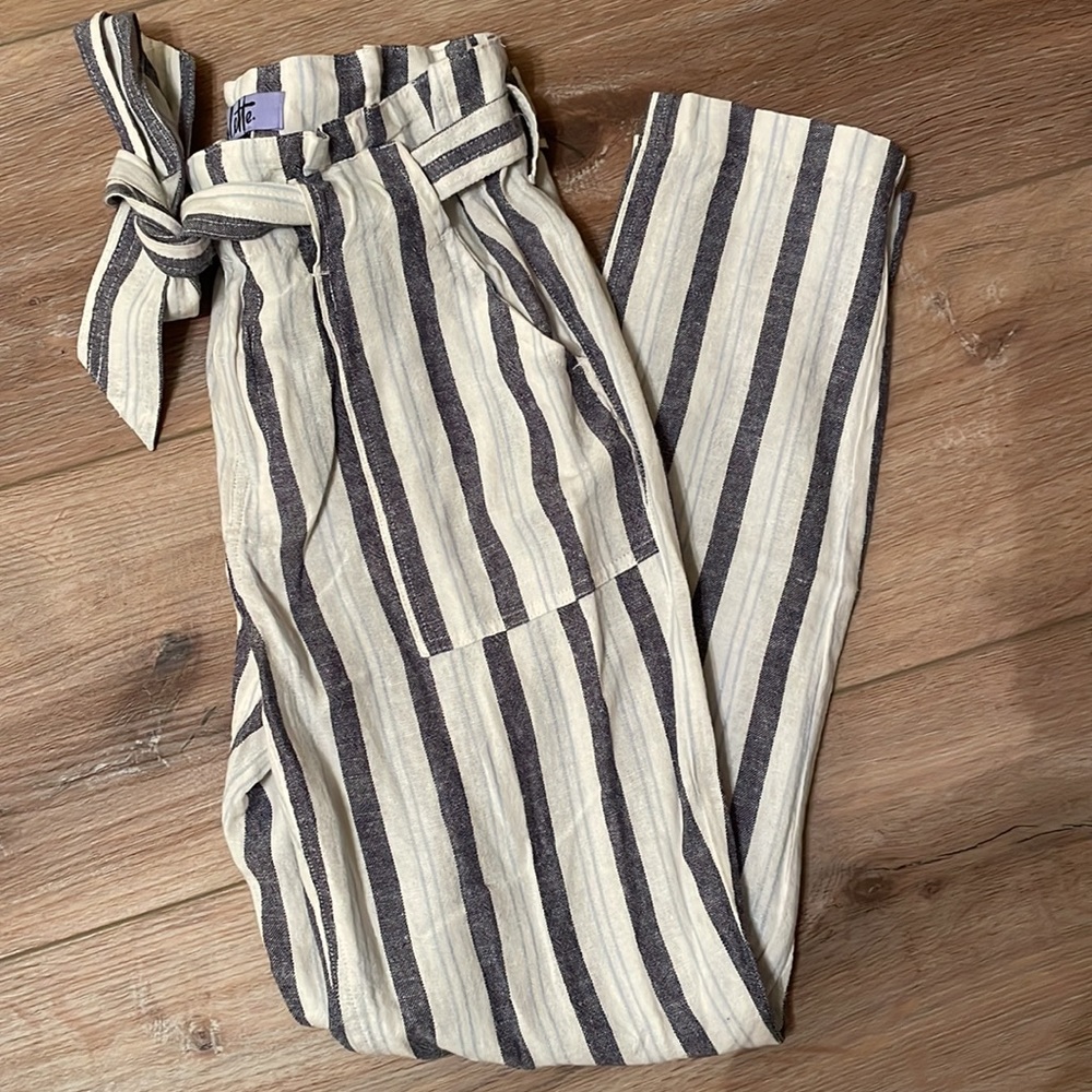 Blue and white stripe cotton straight leg pant